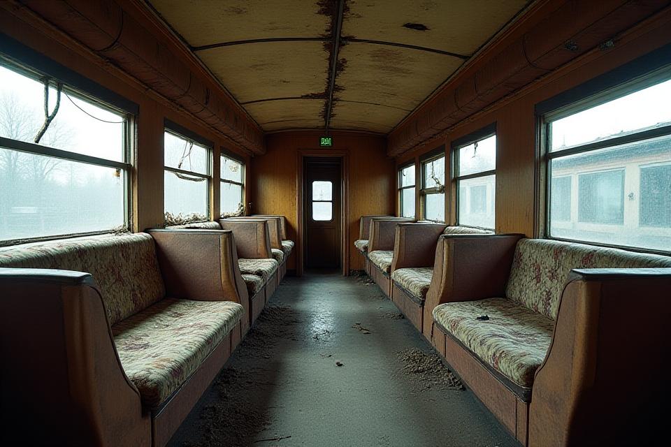 復元前のホハ8100形客車の損傷した内装